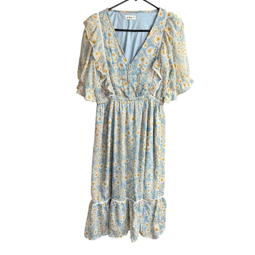 In Loom Midi Floral Dress Tiered Skirt Ruffles Blue Cottagecore Bohemian Boho
